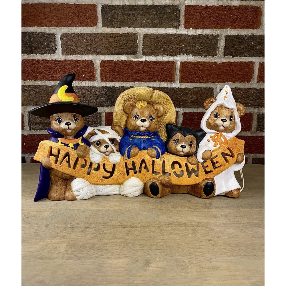 Happy Halloween Sign, Lighted, Hand Painted, Ceramic Bears In Costumes, Cute